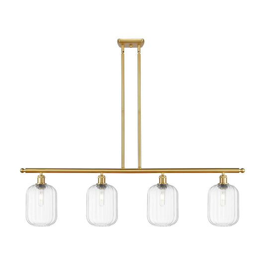 Innovations Preston Cylinder 48in 4-Light Island Light | Industrial Satin Gold Steel and Clear Glass | Kitchen Island & Dining | Model 516-4I-SG-G460-7CL