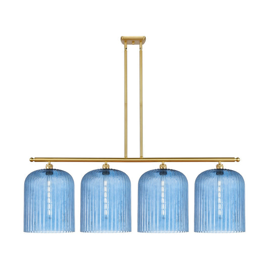 Innovations Bridal Veil 48in 4-Light Island Light | Art Nouveau Satin Gold Steel and Princess Blue Ribbed Glass | Kitchen | Model 516-4I-SG-G559-12BL