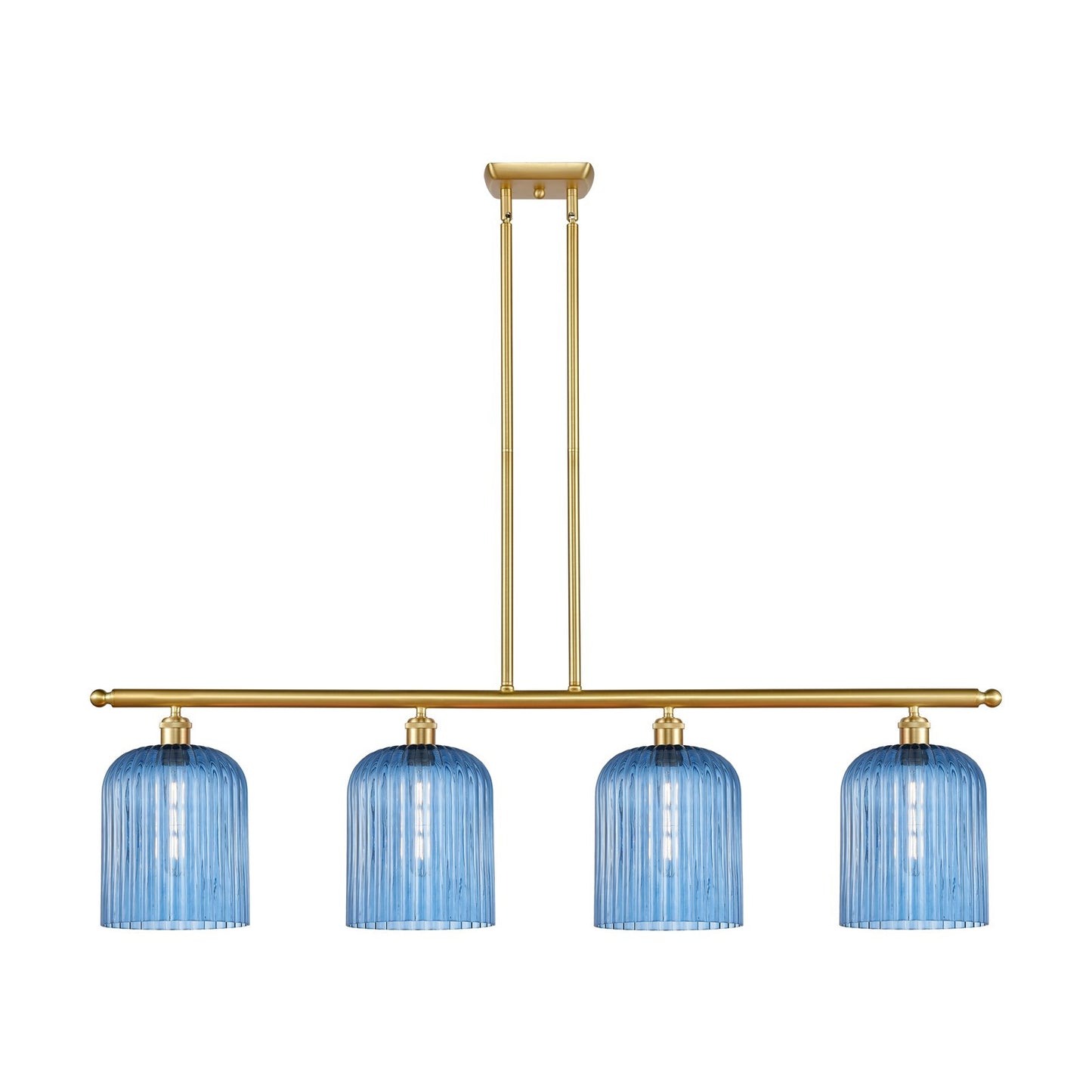 Innovations Bridal Veil 48in 4-Light Island Light | Art Nouveau Satin Gold Steel and Princess Blue Ribbed Glass | Kitchen | Model 516-4I-SG-G559-8BL