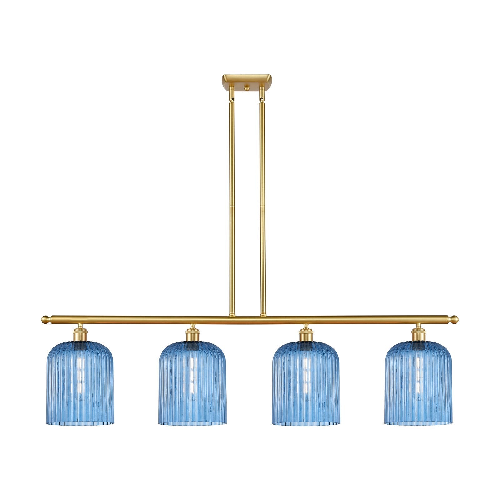 Innovations Bridal Veil 48in 4-Light Island Light | Art Nouveau Satin Gold Steel and Princess Blue Ribbed Glass | Kitchen | Model 516-4I-SG-G559-8BL