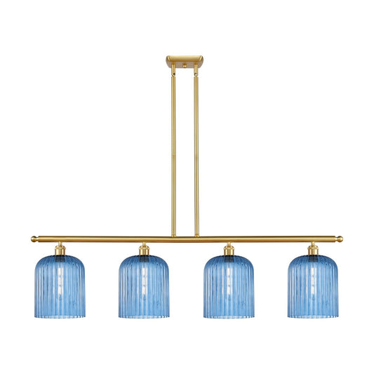 Innovations Bridal Veil 48in 4-Light Island Light | Art Nouveau Satin Gold Steel and Princess Blue Ribbed Glass | Kitchen | Model 516-4I-SG-G559-8BL
