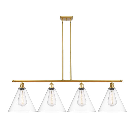 Innovations Berkshire 50.25in 4-Light Island Light | Industrial Satin Gold Steel and Cast Brass with Clear Glass Shades | Model 516-4I-SG-GBC-122