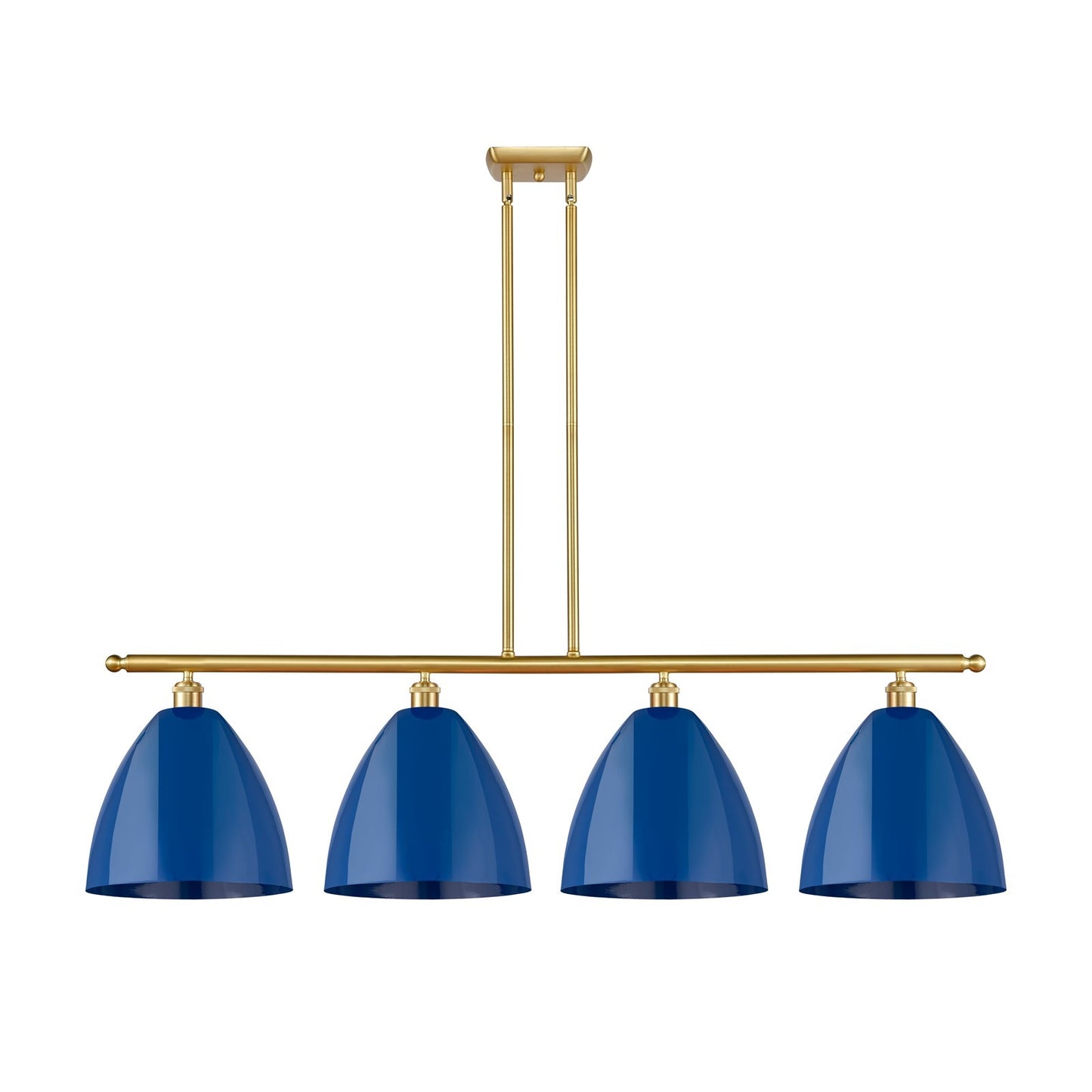Innovations Plymouth 50in 4-Light Island Light | Industrial Farmhouse Satin Gold Steel and Matte Blue Metal Shade | Kitchen | Model 516-4I-SG-MBD-12-BL