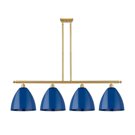 Innovations Plymouth 50in 4-Light Island Light | Industrial Farmhouse Satin Gold Steel and Matte Blue Metal Shade | Model 516-4I-SG-MBD-12-BL-LED
