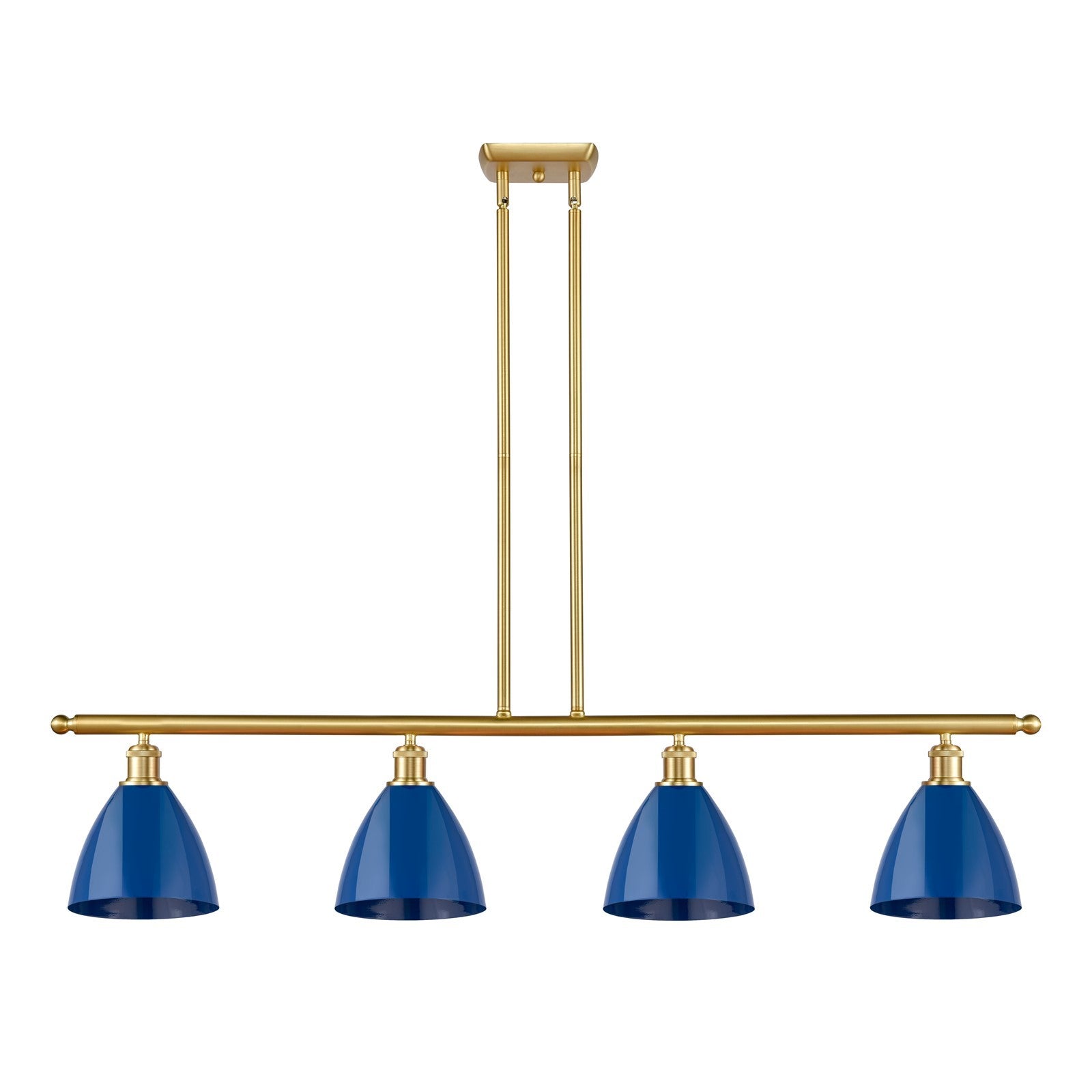 Innovations Plymouth 48in 4-Light Island Light | Industrial Farmhouse Satin Gold Steel and Matte Blue Metal Shade | Kitchen | Model 516-4I-SG-MBD-75-BL