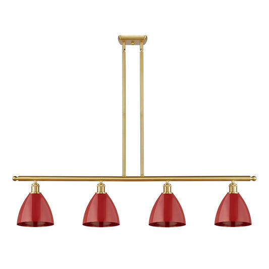 Innovations Plymouth 48in 4-Light Island Light | Industrial Farmhouse Satin Gold Steel and Matte Red Metal Cone Shade | Model 516-4I-SG-MBD-75-RD-LED