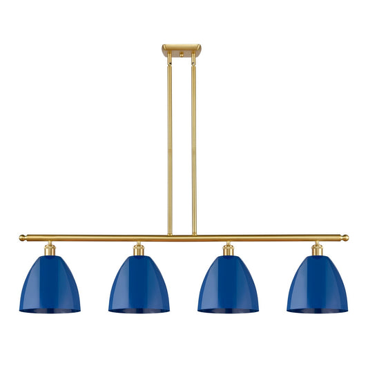 Innovations Plymouth 48in 4-Light Island Light | Industrial Farmhouse Satin Gold Steel and Matte Blue Metal Shade | Kitchen | Model 516-4I-SG-MBD-9-BL-LED