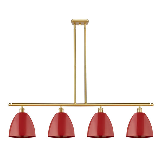 Innovations Plymouth 48in 4-Light Island Light | Industrial Farmhouse Satin Gold Steel and Matte Red Metal Shade | Kitchen | Model 516-4I-SG-MBD-9-RD-LED