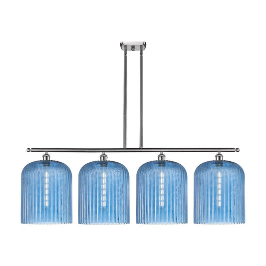 Innovations Bridal Veil 48in 4-Light Island Light | Art Nouveau Brushed Satin Nickel and Princess Blue Ribbed Glass | Kitchen | Model 516-4I-SN-G559-12BL