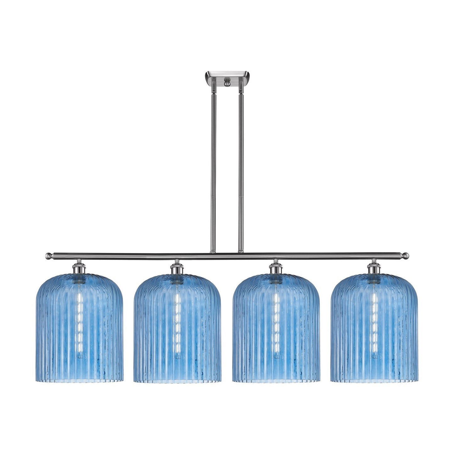 Innovations Bridal Veil 48in 4-Light Island Light | Art Nouveau Brushed Satin Nickel and Princess Blue Ribbed Glass | Kitchen | Model 516-4I-SN-G559-12BL