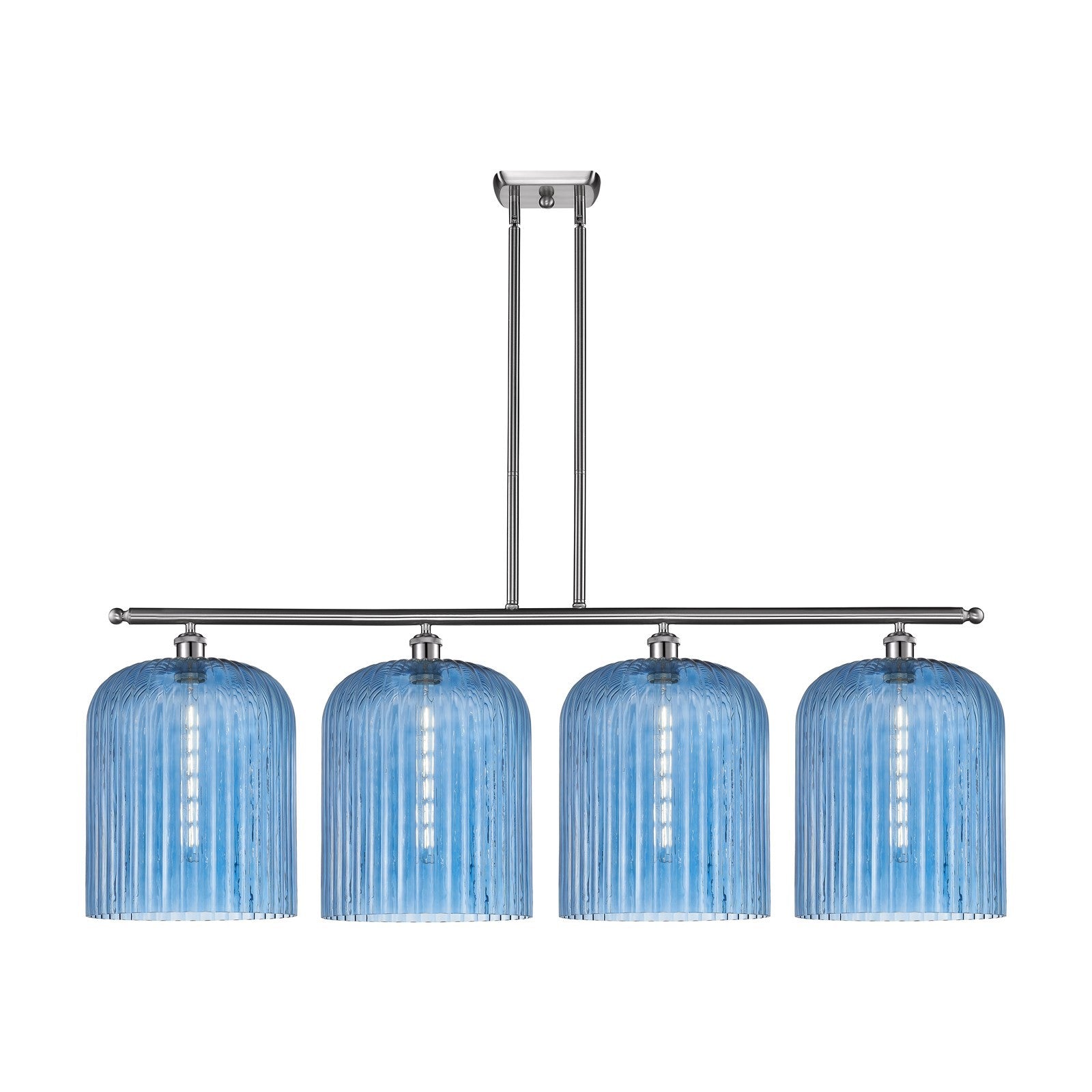 Innovations Bridal Veil 48in 4-Light Island Light | Art Nouveau Brushed Satin Nickel and Princess Blue Ribbed Glass | Kitchen | Model 516-4I-SN-G559-12BL