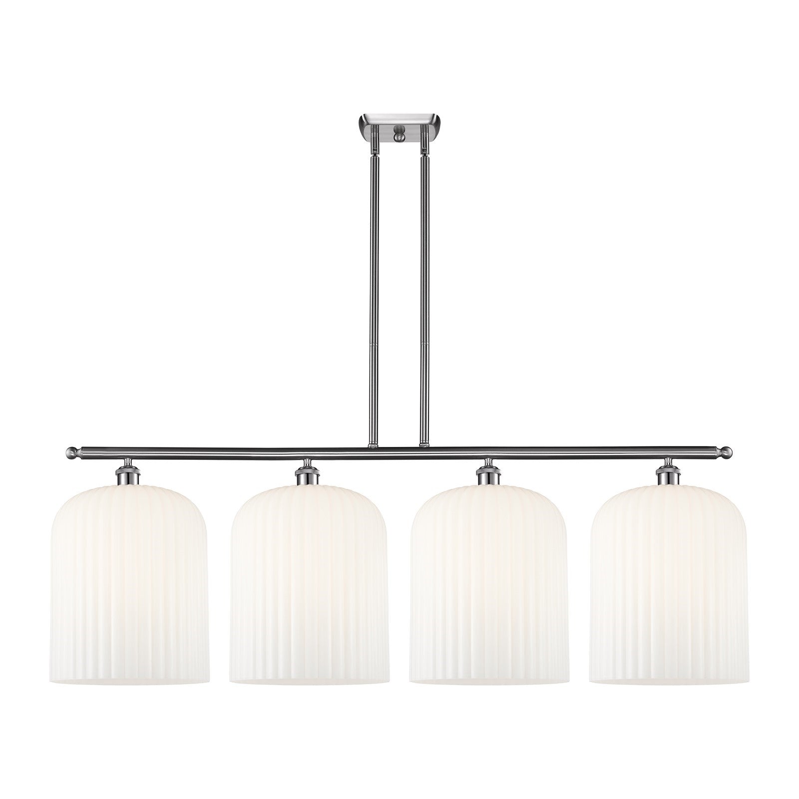 Innovations Bridal Veil 48in 4-Light Island Light | Art Nouveau Brushed Satin Nickel and Gloss White Ribbed Glass | Kitchen | Model 516-4I-SN-G559-12GWH