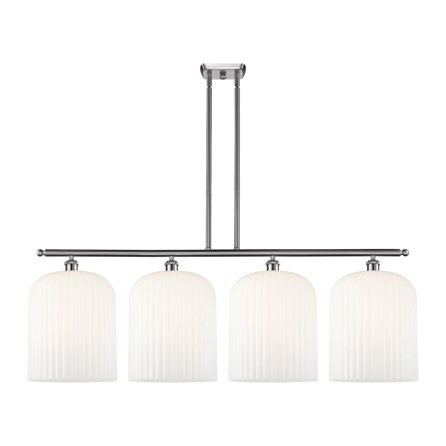 Innovations Bridal Veil 48in 4-Light Island Light | Art Nouveau Brushed Satin Nickel and Gloss White Ribbed Glass | Kitchen | Model 516-4I-SN-G559-12GWH