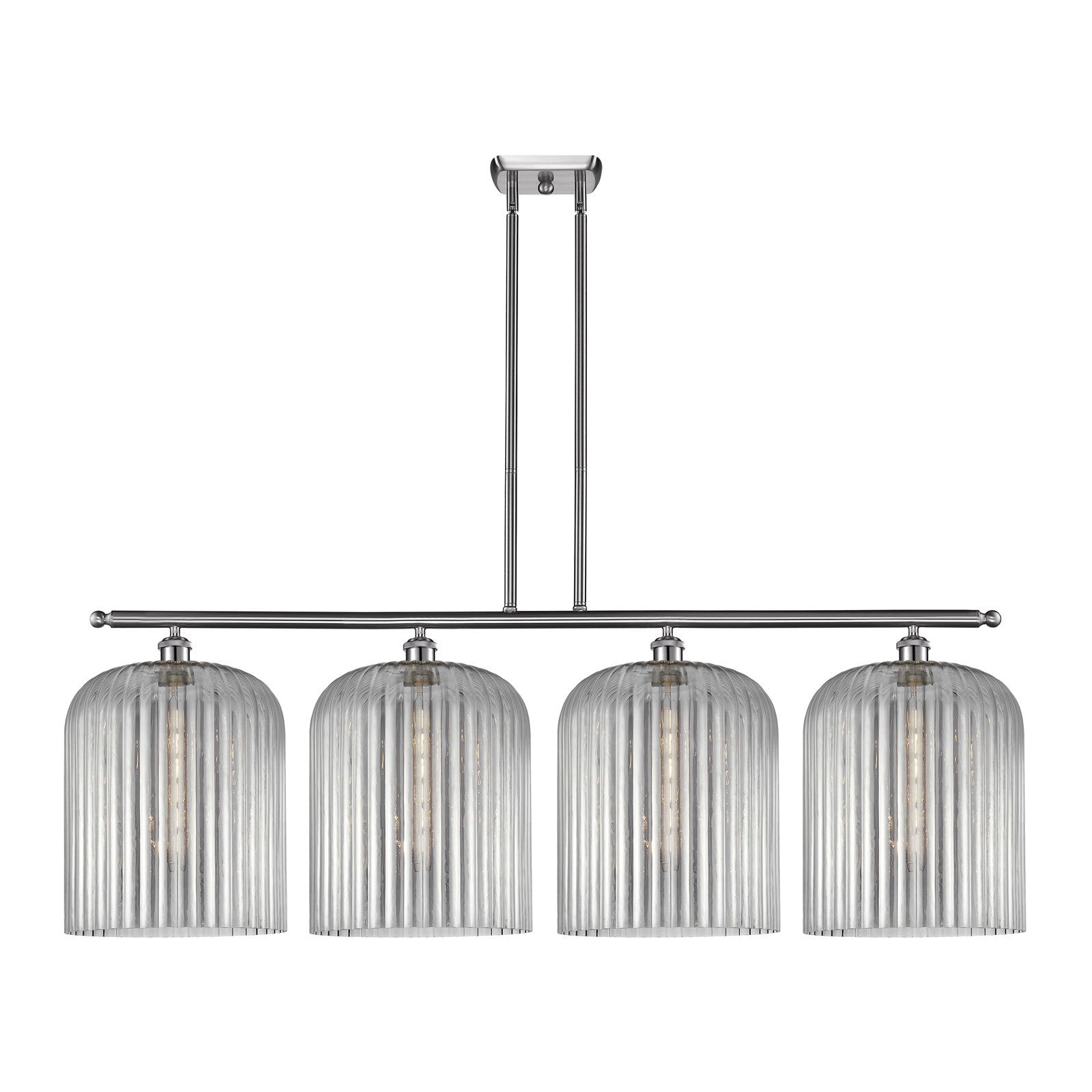 Innovations Bridal Veil 48in 4-Light Island Light | Art Nouveau Brushed Satin Nickel and Light Smoke Ribbed Glass | Kitchen | Model 516-4I-SN-G559-12SM