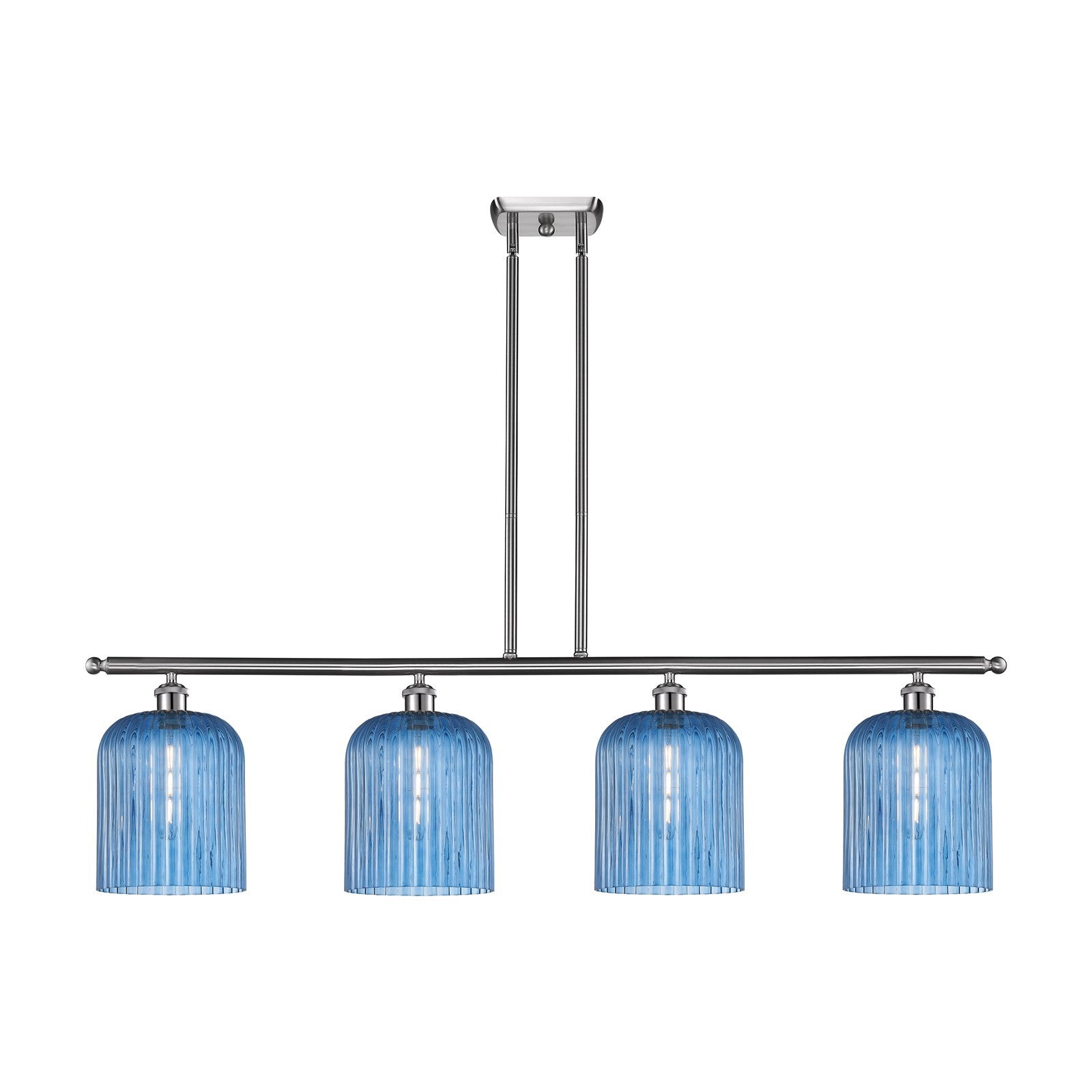 Innovations Bridal Veil 48in 4-Light Island Light | Art Nouveau Brushed Satin Nickel and Princess Blue Ribbed Glass | Kitchen | Model 516-4I-SN-G559-8BL