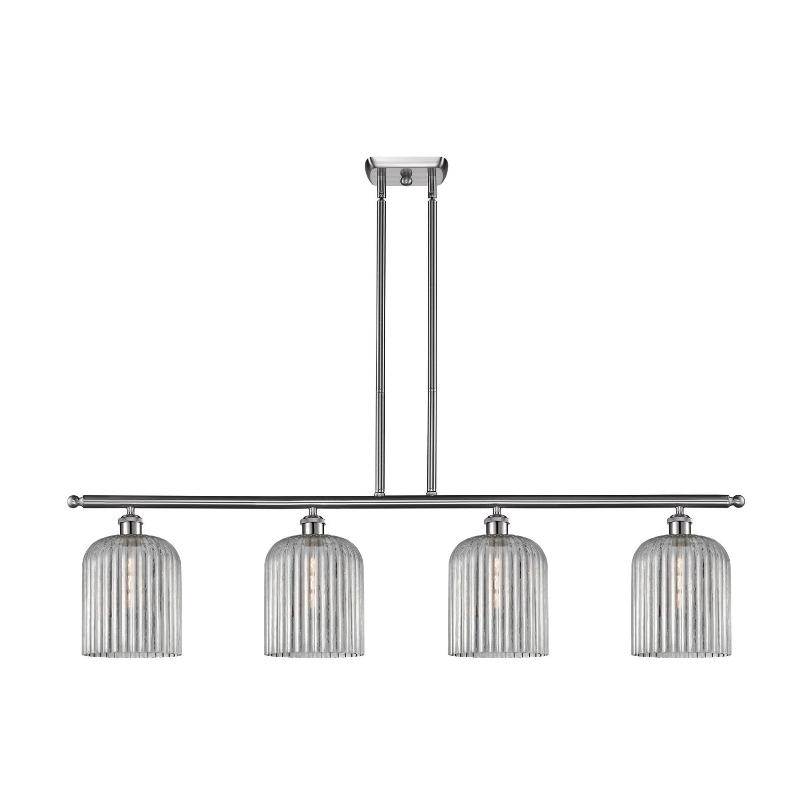 Innovations Bridal Veil 48in 4-Light Island Light | Art Nouveau Brushed Satin Nickel and Light Smoke Ribbed Glass | Kitchen | Model 516-4I-SN-G559-8SM