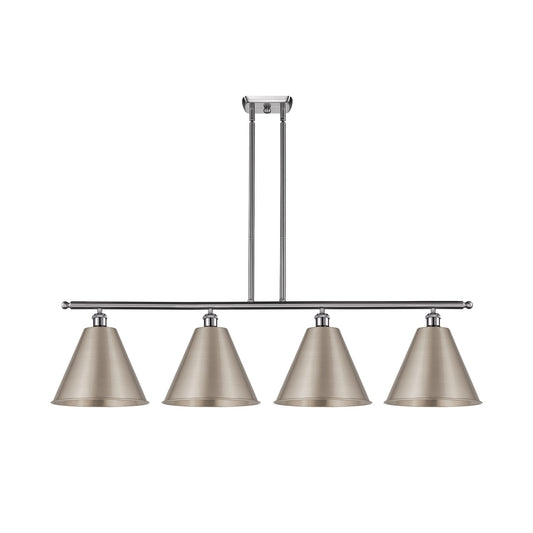 Innovations Berkshire 50in 4-Light Island Light | Industrial Farmhouse Brushed Satin Nickel Steel and Cast Brass Metal Cone | Model 516-4I-SN-MBC-12-SN