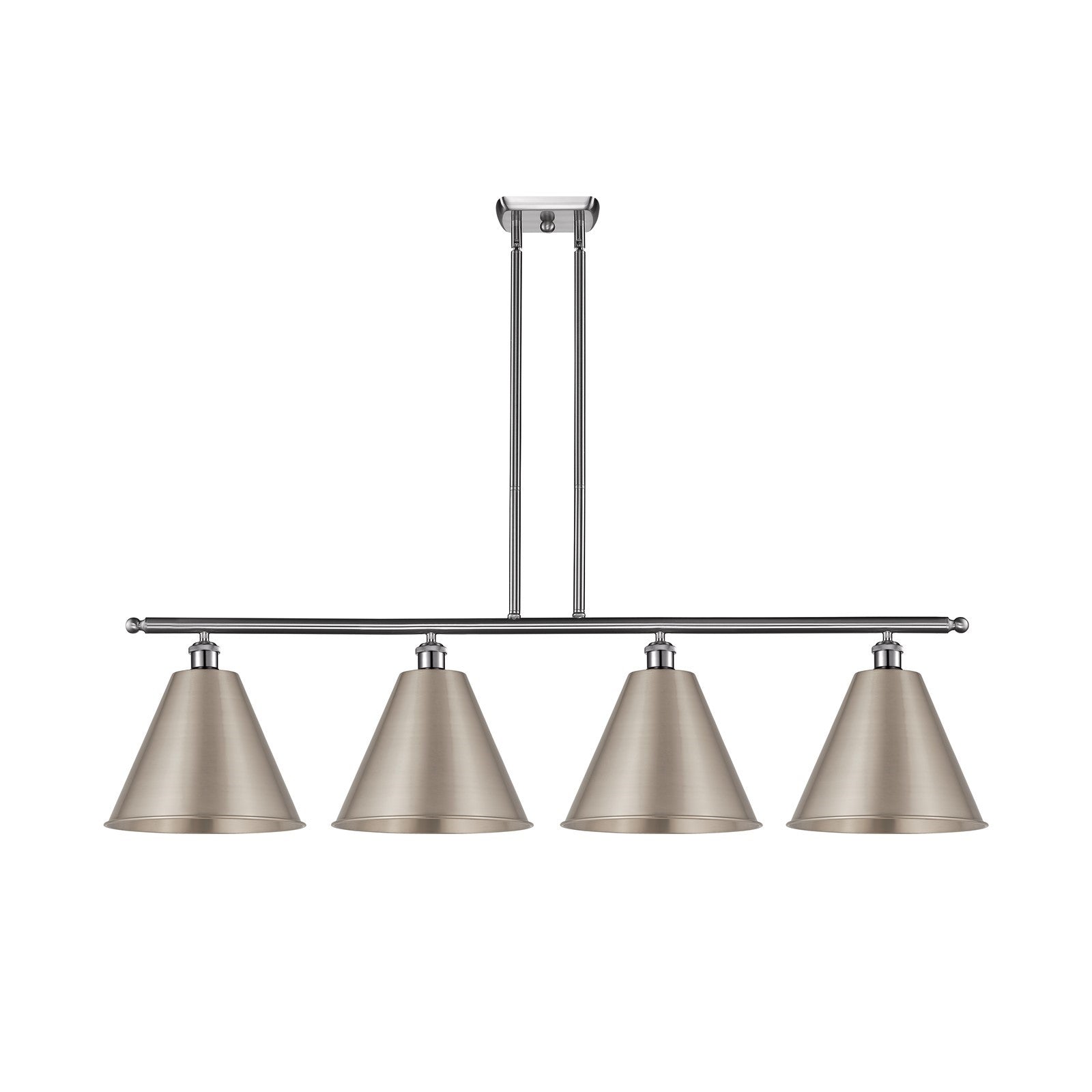 Innovations Berkshire 50in 4-Light Island Light | Industrial Farmhouse Brushed Satin Nickel Steel and Cast Brass Metal Cone | Model 516-4I-SN-MBC-12-SN