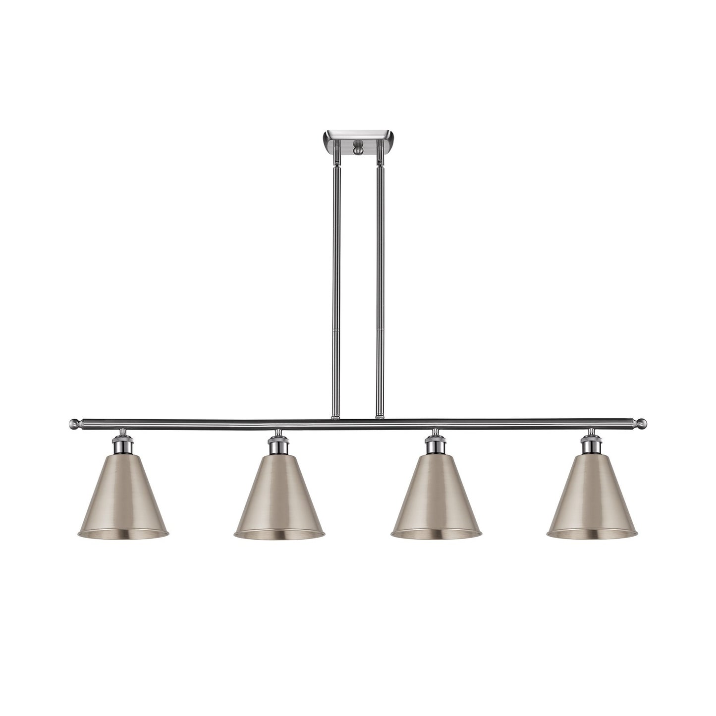 Innovations Berkshire 48in 4-Light Island Light | Industrial Farmhouse Brushed Satin Nickel Steel and Metal Cone Shade | Model 516-4I-SN-MBC-8-SN-LED