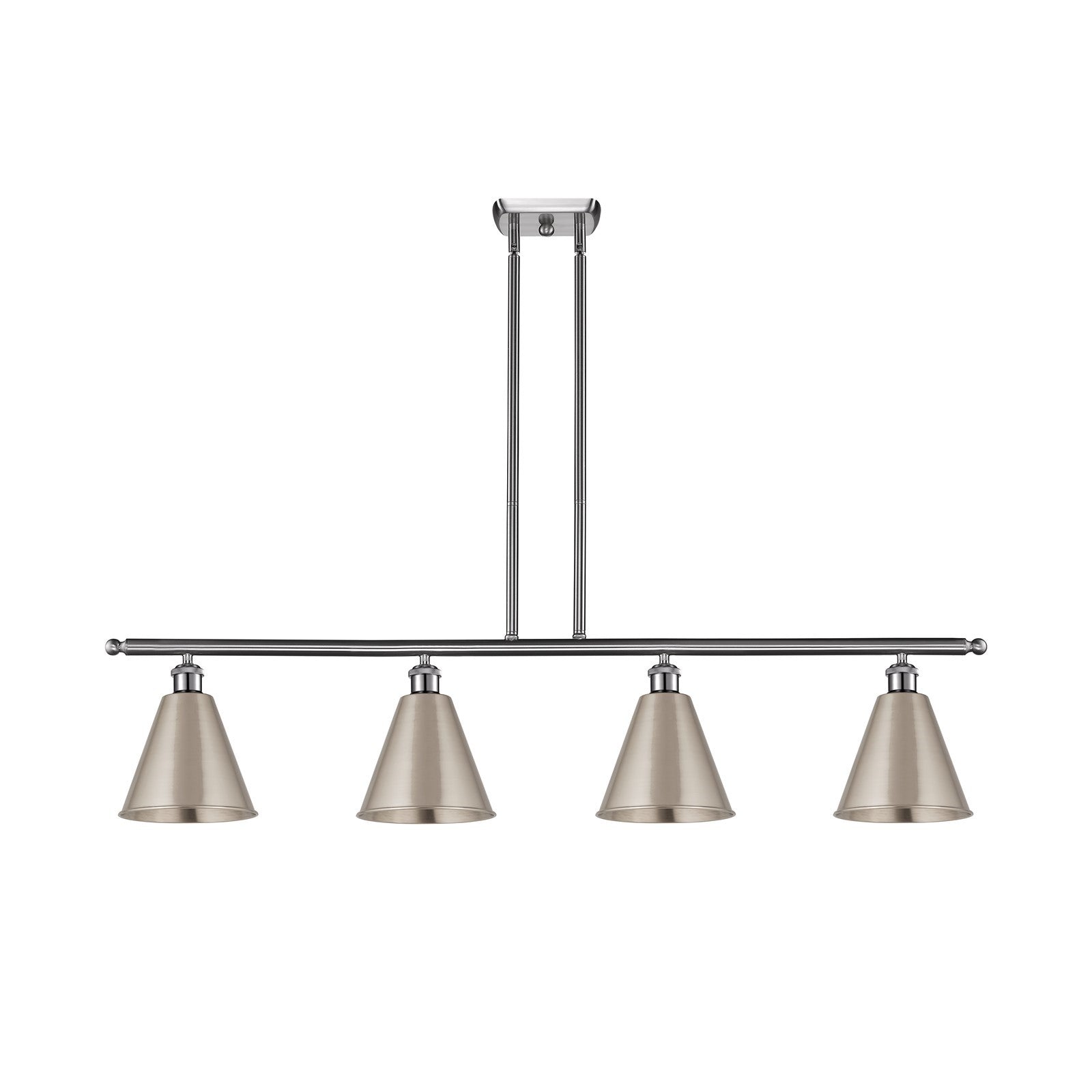 Innovations Berkshire 48in 4-Light Island Light | Industrial Farmhouse Brushed Satin Nickel Steel and Metal Cone Shade | Model 516-4I-SN-MBC-8-SN-LED