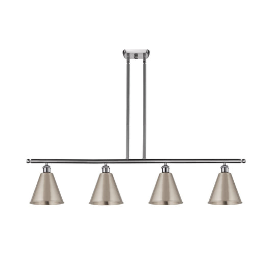 Innovations Berkshire 48in 4-Light Island Light | Industrial Farmhouse Brushed Satin Nickel Steel and Metal Cone Shade | Model 516-4I-SN-MBC-8-SN-LED