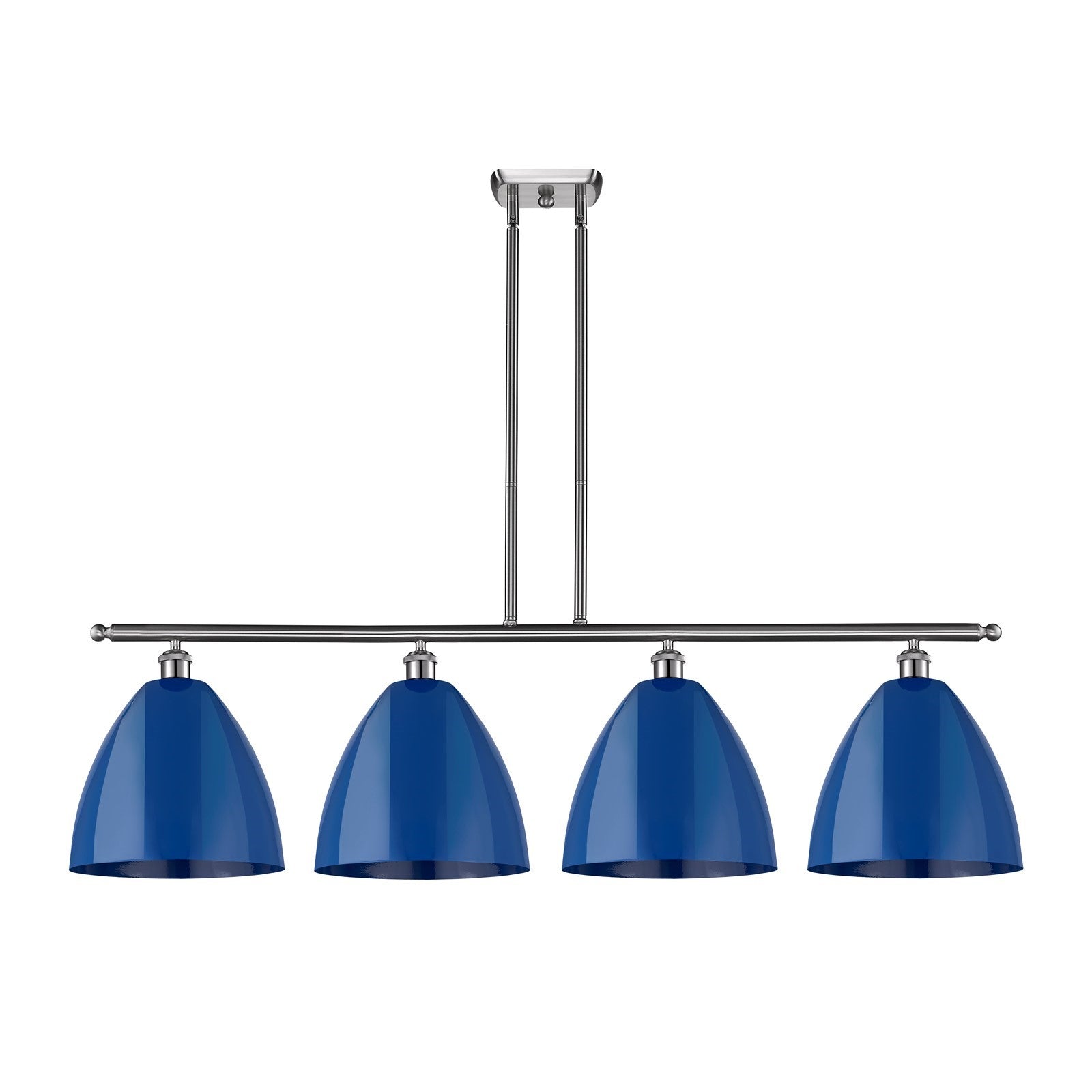 Innovations Plymouth 50.25in 4-Light Island Light | Industrial Farmhouse Brushed Satin Nickel and Matte Blue Metal Shade | Model 516-4I-SN-MBD-12-BL