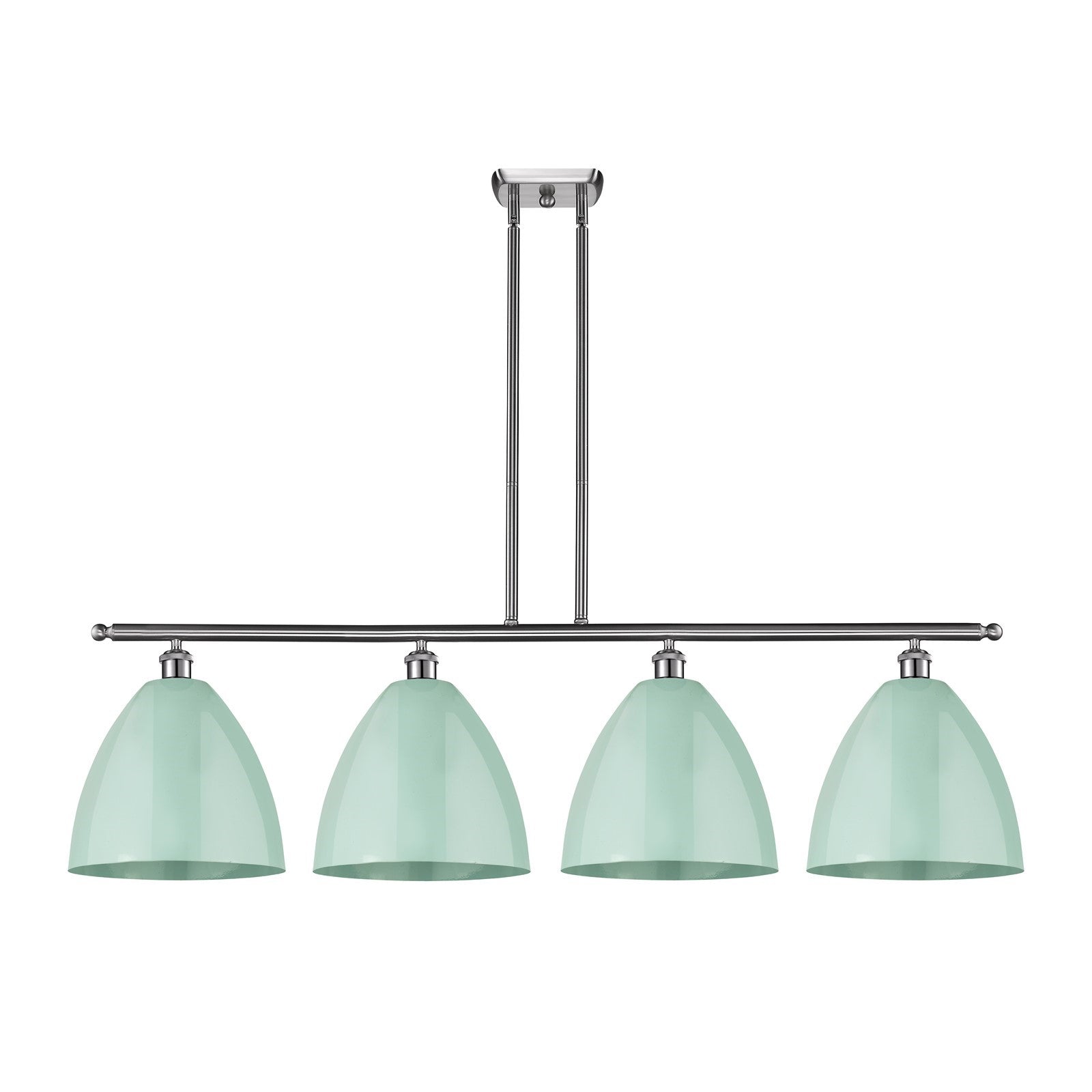 Innovations Plymouth 50in 4-Light Island Light | Industrial Farmhouse Brushed Satin Nickel and Matte Seafoam Metal | Model 516-4I-SN-MBD-12-SF-LED