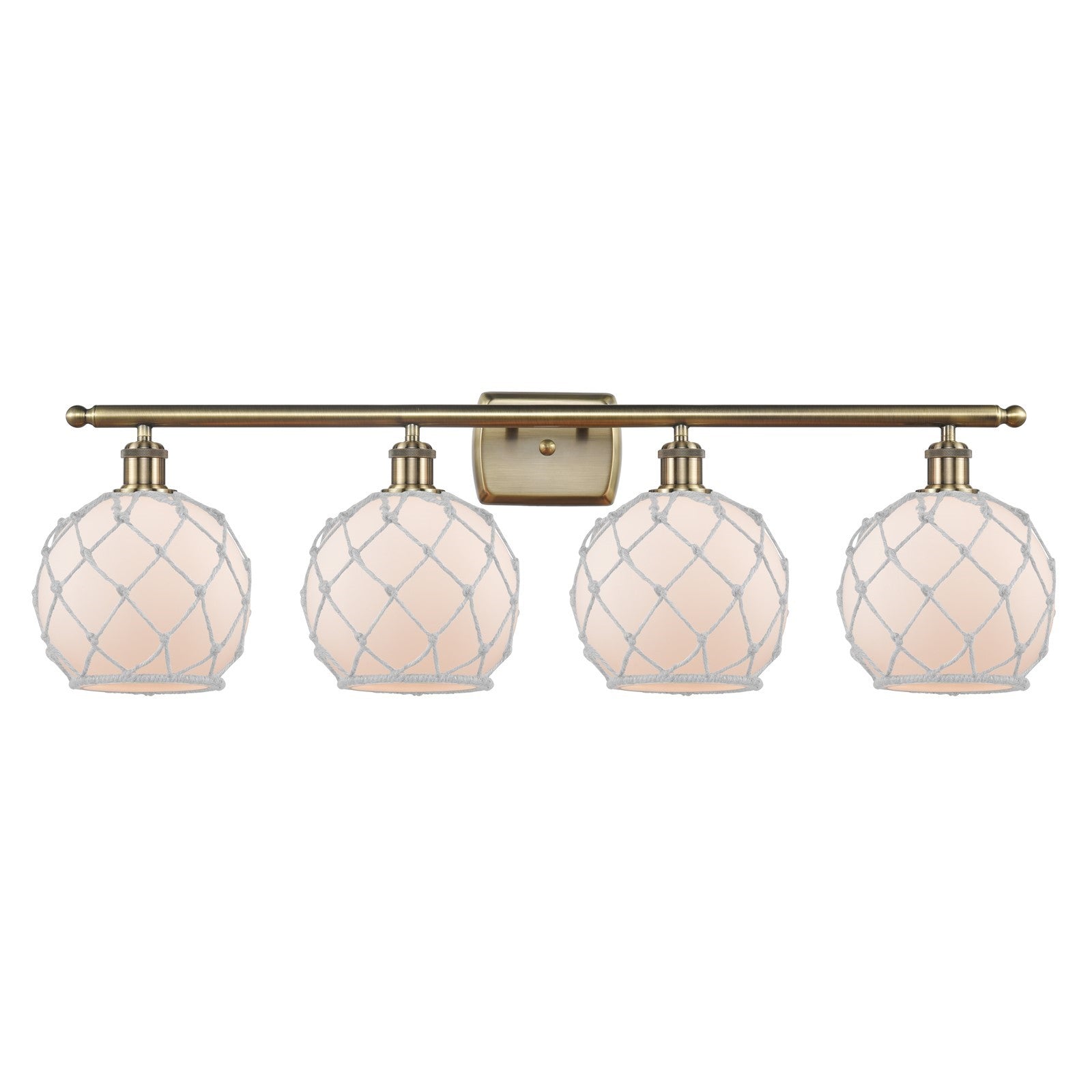 Innovations Farmhouse Rope 38in 4-Light Bath Vanity Light | Industrial Antique Brass Steel and White Frosted Glass with Rope | Model 516-4W-AB-G121-8RW