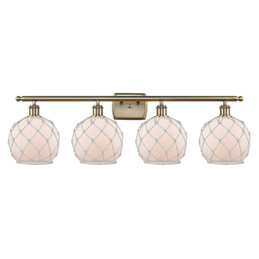 Innovations Farmhouse Rope 38in 4-Light Bath Vanity Light | Industrial Antique Brass Steel and White Frosted Glass with Rope | Model 516-4W-AB-G121-8RW