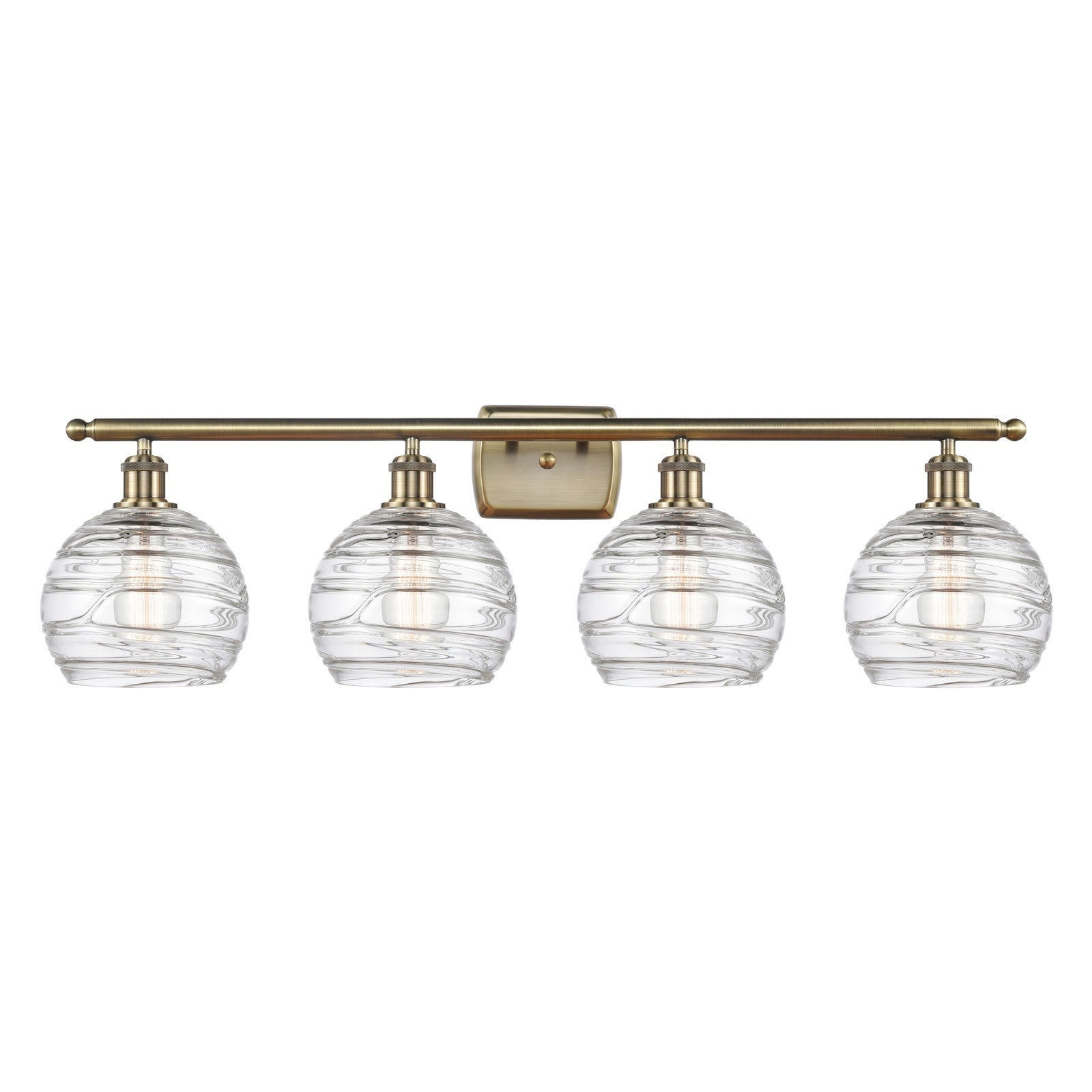 Innovations Athens Deco Swirl 38in 4-Light Bath Vanity Light | Industrial Antique Brass Steel and Clear Deco Swirl Glass | Model 516-4W-AB-G1213-8CL