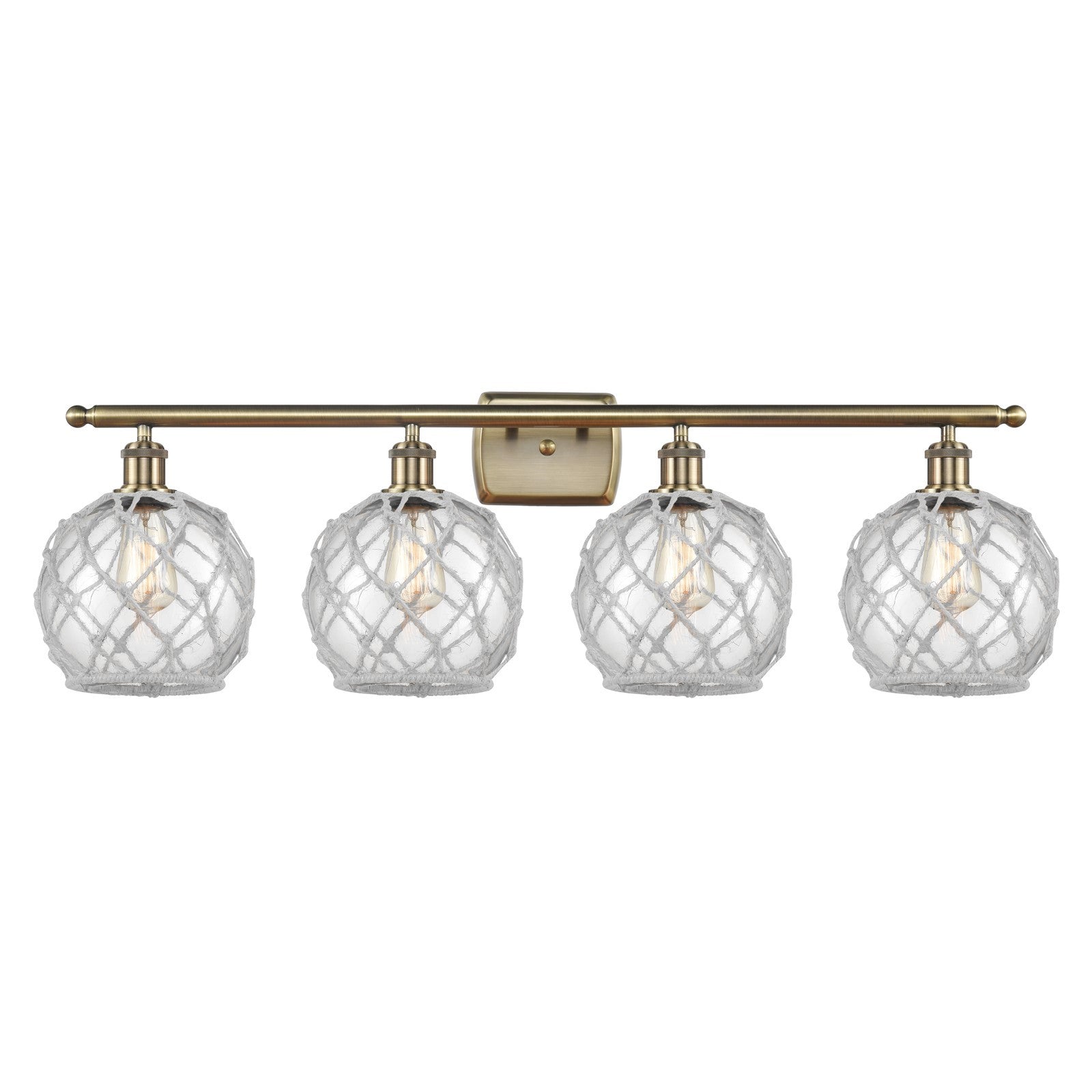 Innovations Farmhouse Rope 38in 4-Light Bath Vanity Light | Industrial Antique Brass Steel and Clear Glass with White Rope | Model 516-4W-AB-G122-8RW