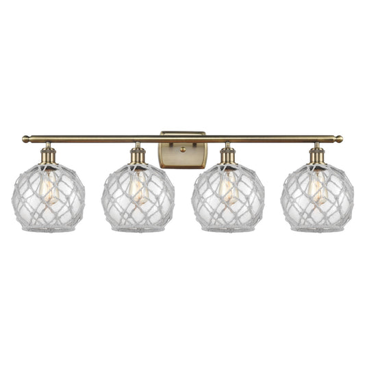 Innovations Farmhouse Rope 38in 4-Light Bath Vanity Light | Industrial Antique Brass Steel and Clear Glass with White Rope | Model 516-4W-AB-G122-8RW