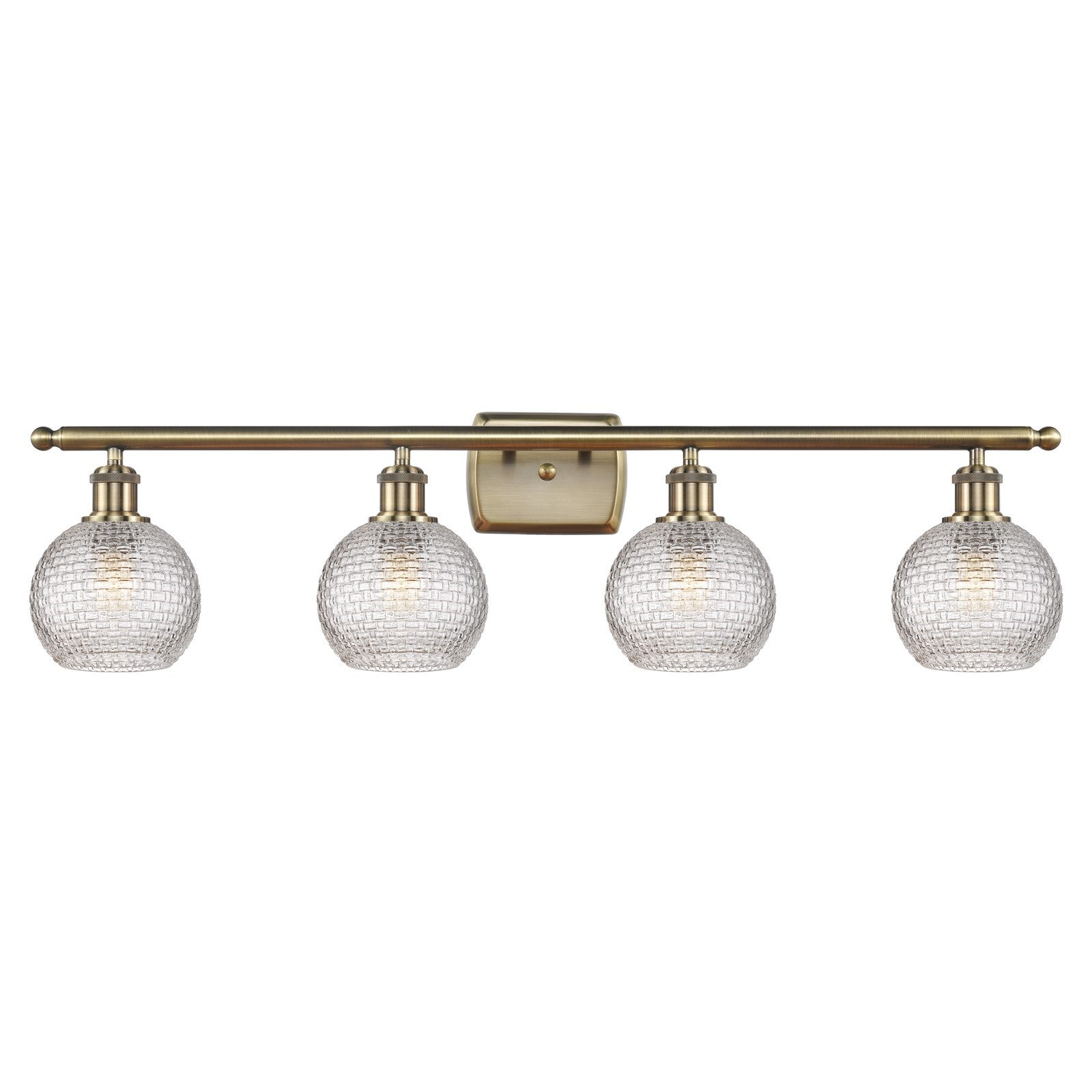 Innovations Athens 36in 4-Light Bath Vanity | Modern Contempo Farmhouse Antique Brass Steel and Clear Basket Weave Glass | Model 516-4W-AB-G122C-6CL