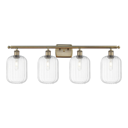 Innovations Preston Cylinder 37in 4-Light Bath Vanity Light | Industrial Antique Brass Steel and Clear Glass | Bathroom Vanity | Model 516-4W-AB-G460-7CL