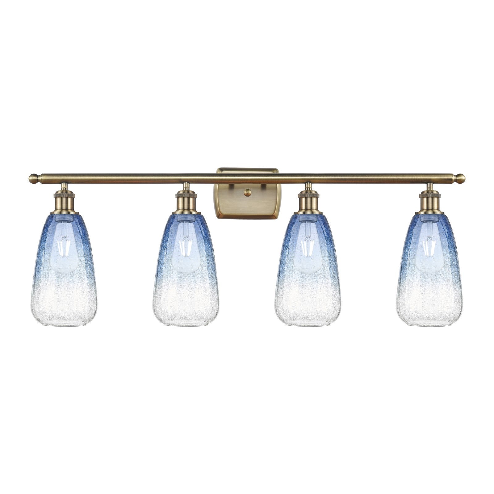 Innovations Brookhaven Almond 36in 4-Light Bath Vanity Light | Industrial Antique Brass and Sapphire Blue Glass | Bathroom | Model 516-4W-AB-G480-6SB