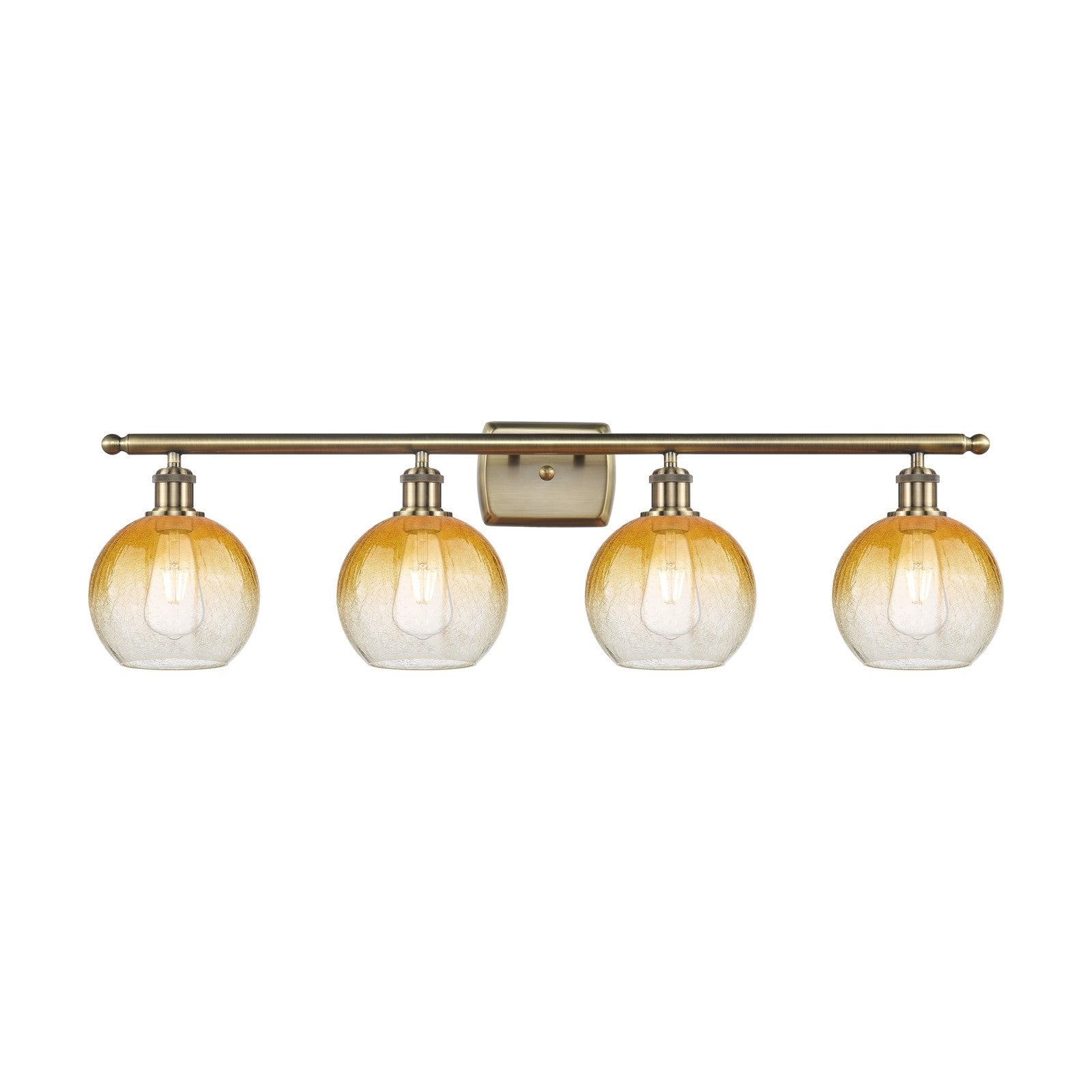 Innovations Brookhaven Globe 38in 4-Light Bath Vanity Light | Industrial Antique Brass and Amber Glass | Bathroom Vanity | Model 516-4W-AB-G483-8AM
