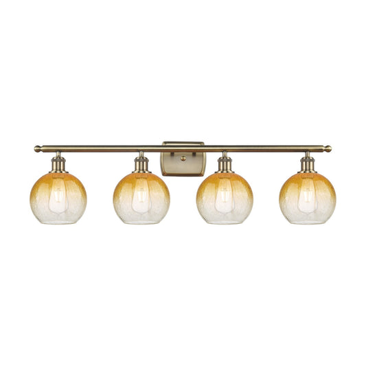 Innovations Brookhaven Globe 38in 4-Light Bath Vanity Light | Industrial Antique Brass and Amber Glass | Bathroom Vanity | Model 516-4W-AB-G483-8AM