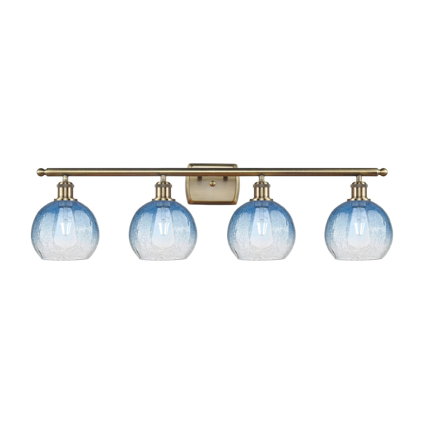 Innovations Brookhaven Globe 38in 4-Light Bath Vanity Light | Industrial Antique Brass Steel and Sapphire Blue Glass | Bathroom | Model 516-4W-AB-G483-8SB