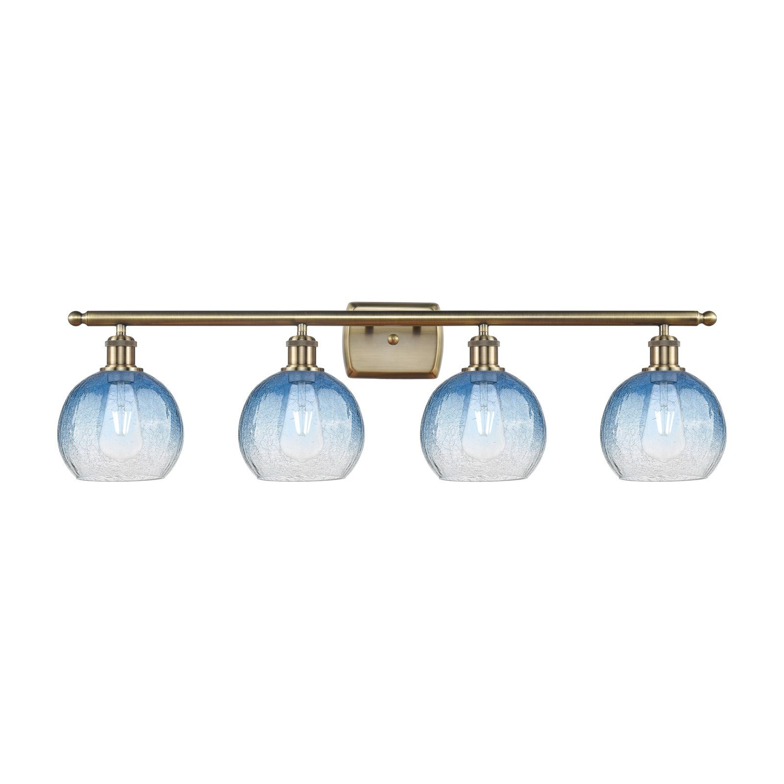 Innovations Brookhaven Globe 38in 4-Light Bath Vanity Light | Industrial Antique Brass Steel and Sapphire Blue Glass | Bathroom | Model 516-4W-AB-G483-8SB