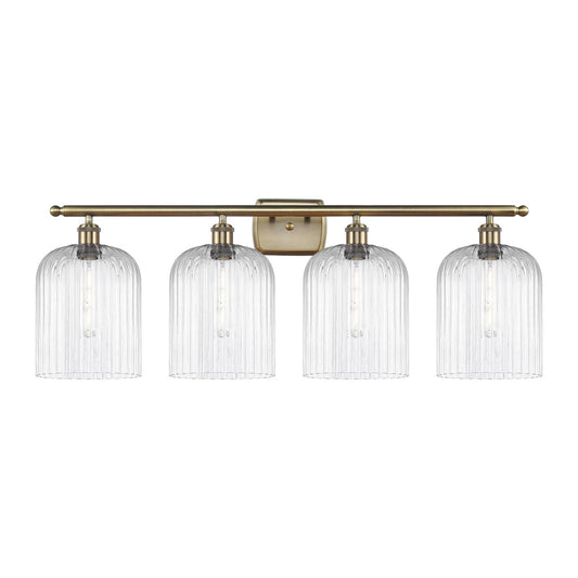 Innovations Bridal Veil 35in 4-Light Bath Vanity | Art Nouveau Industrial Antique Brass and Clear Ribbed Glass | Bathroom | Model 516-4W-AB-G559-8CL