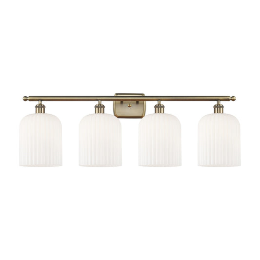 Innovations Bridal Veil 35in 4-Light Bath Vanity Light | Art Nouveau Industrial Antique Brass and Gloss White Ribbed Glass | Model 516-4W-AB-G559-8GWH