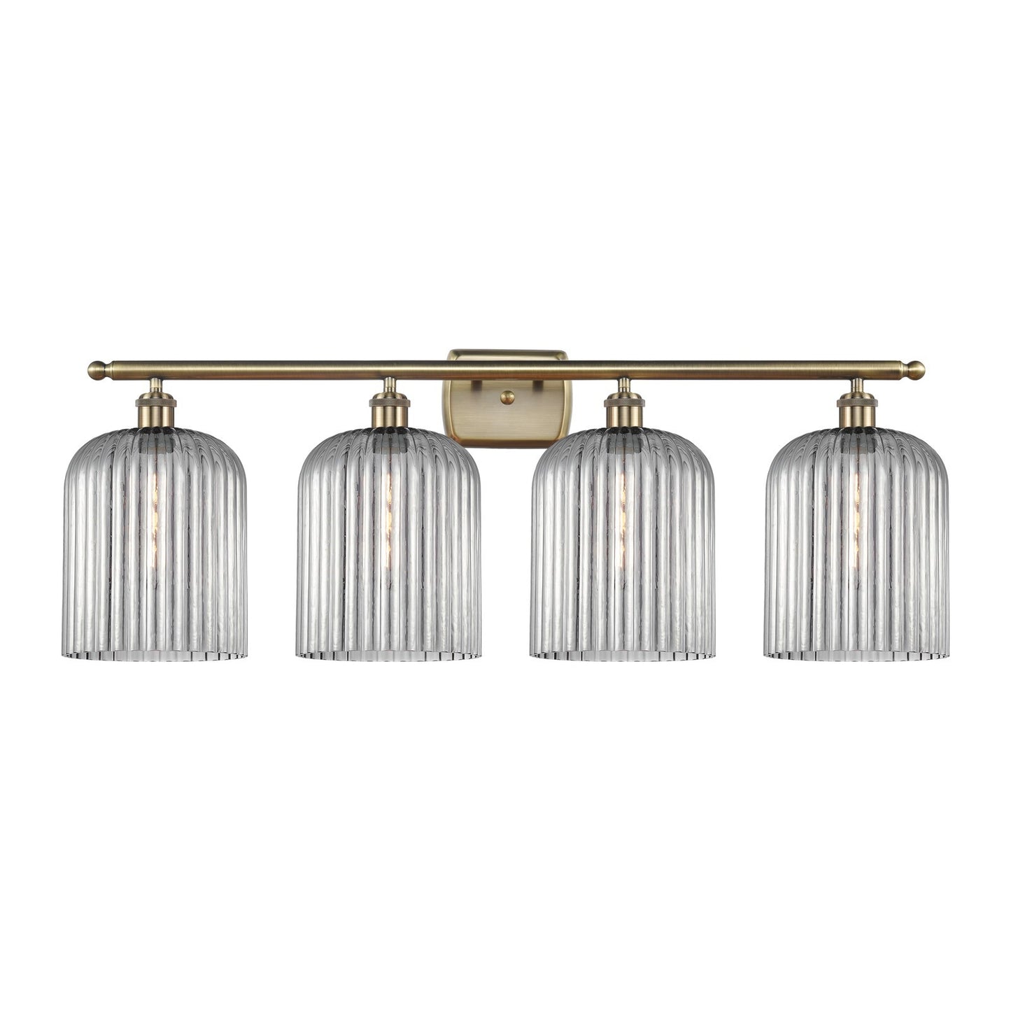 Innovations Bridal Veil 35in 4-Light Bath Vanity | Art Nouveau Industrial Antique Brass and Light Smoke Ribbed Glass | Bathroom | Model 516-4W-AB-G559-8SM
