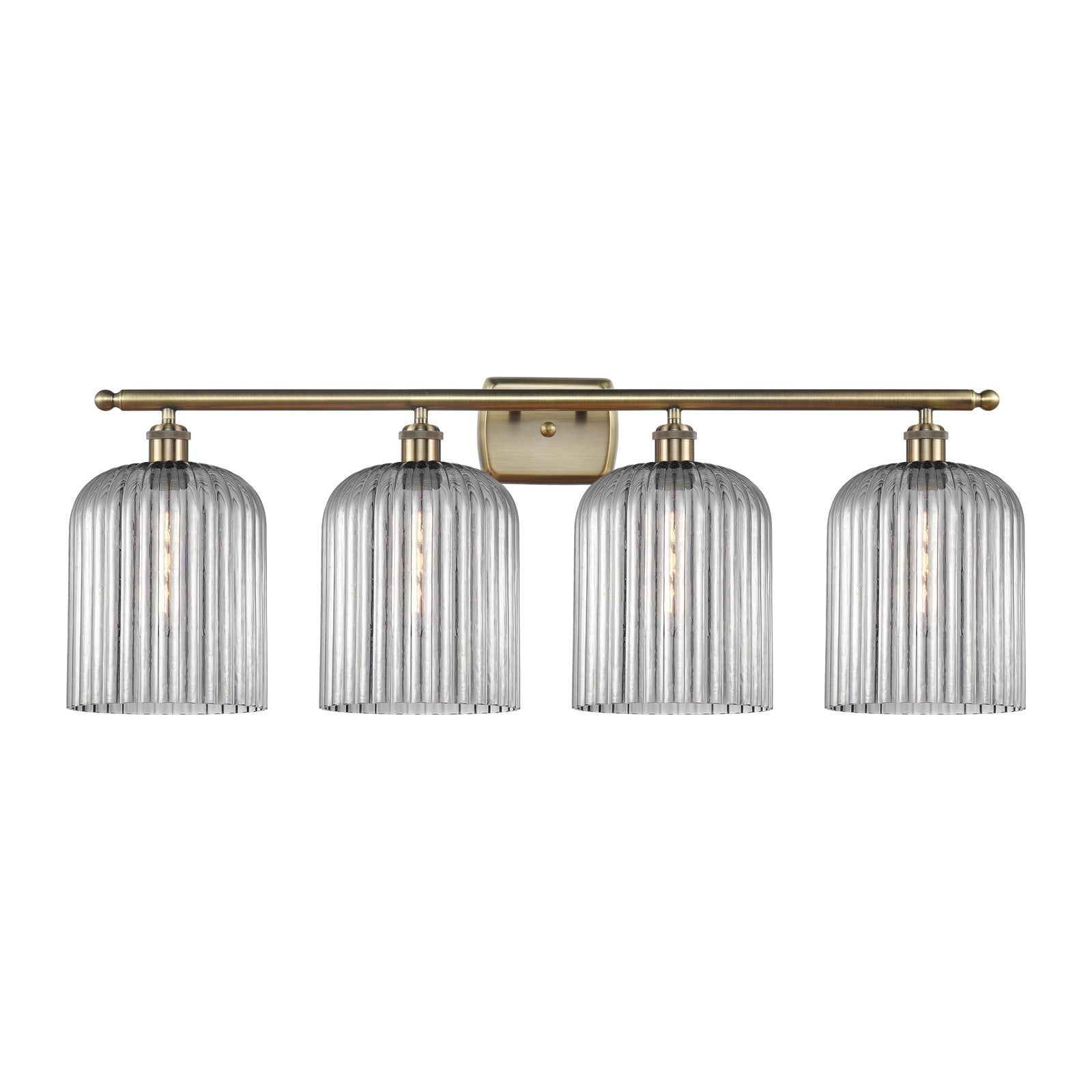 Innovations Bridal Veil 35in 4-Light Bath Vanity | Art Nouveau Industrial Antique Brass and Light Smoke Ribbed Glass | Bathroom | Model 516-4W-AB-G559-8SM