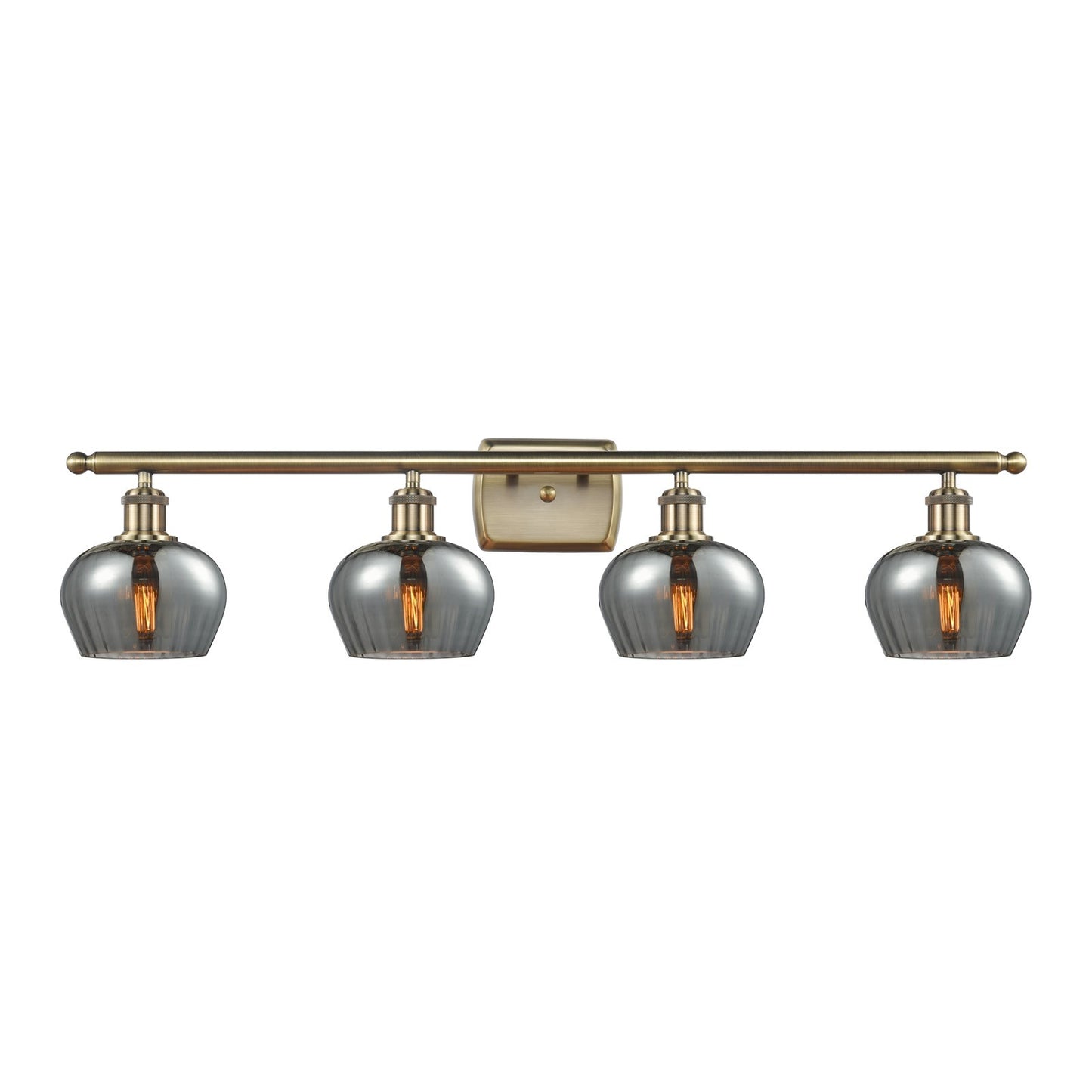 Innovations Fenton 37in 4-Light Bath Vanity Light | Industrial Antique Brass and Light Smoke Ribbed Glass | Bathroom Vanity | 36.5 x | Model 516-4W-AB-G93