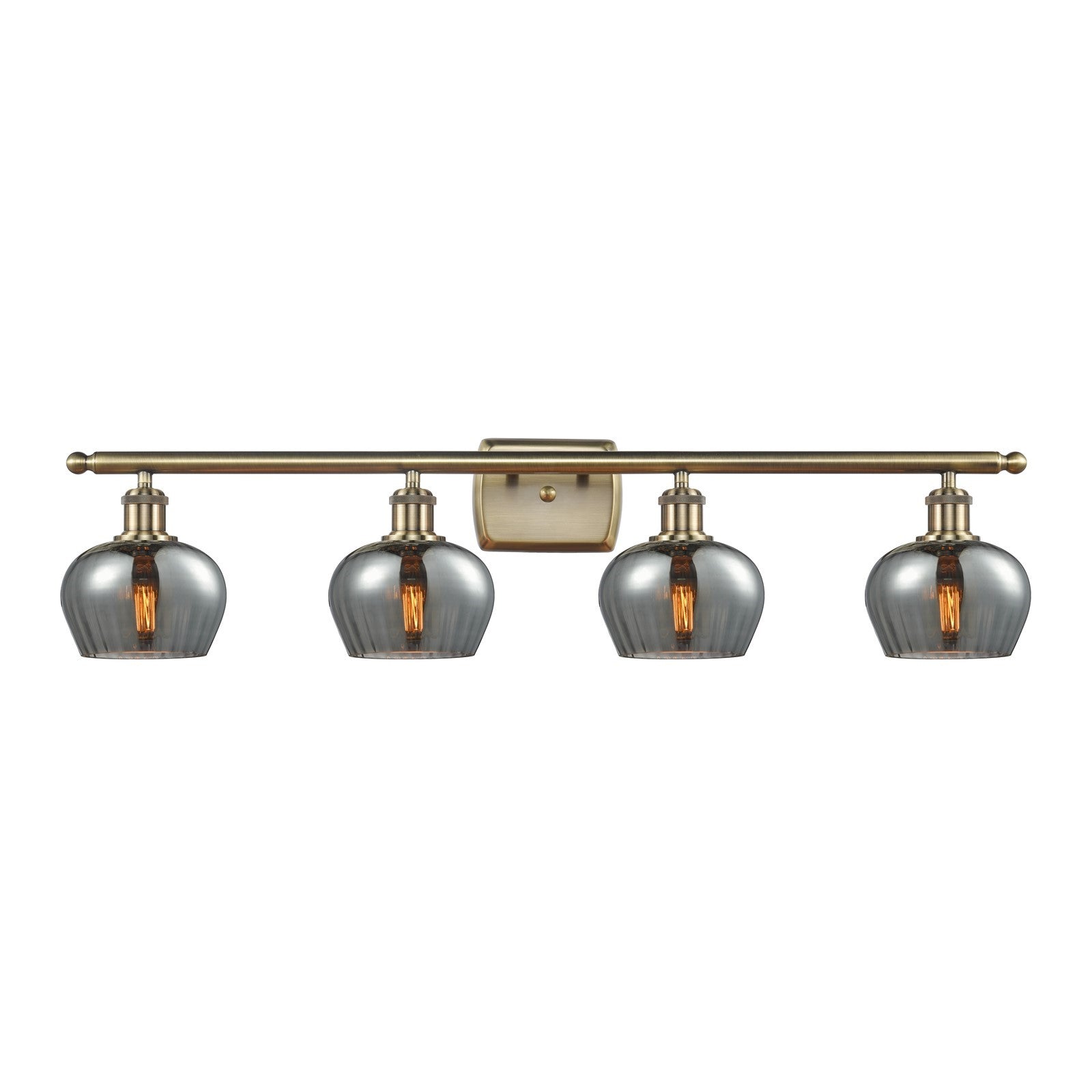 Innovations Fenton 37in 4-Light Bath Vanity Light | Industrial Antique Brass and Light Smoke Ribbed Glass | Bathroom Vanity | 36.5 x | Model 516-4W-AB-G93