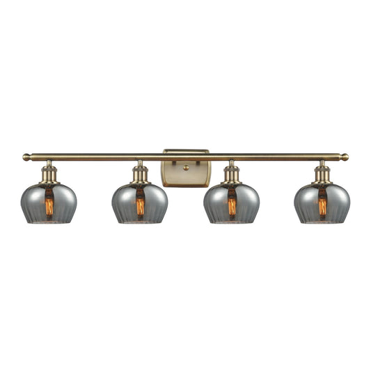 Innovations Fenton 37in 4-Light Bath Vanity Light | Industrial Antique Brass and Light Smoke Ribbed Glass | Bathroom Vanity | 36.5 x | Model 516-4W-AB-G93
