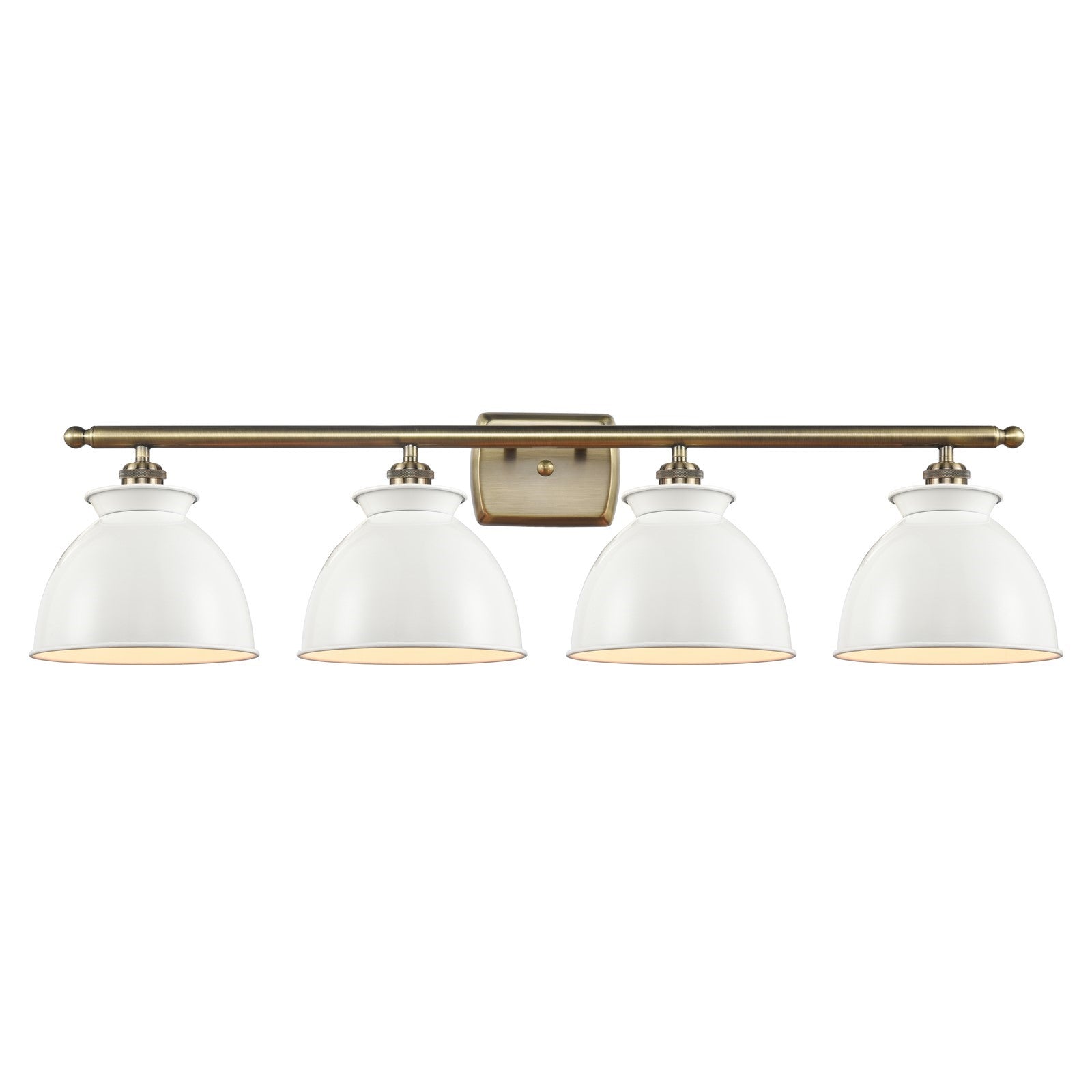 Innovations Adirondack 38in 4-Light Bath Vanity | Industrial Farmhouse Antique Brass and Glossy White Metal Shade | Bathroom | Model 516-4W-AB-M14-W