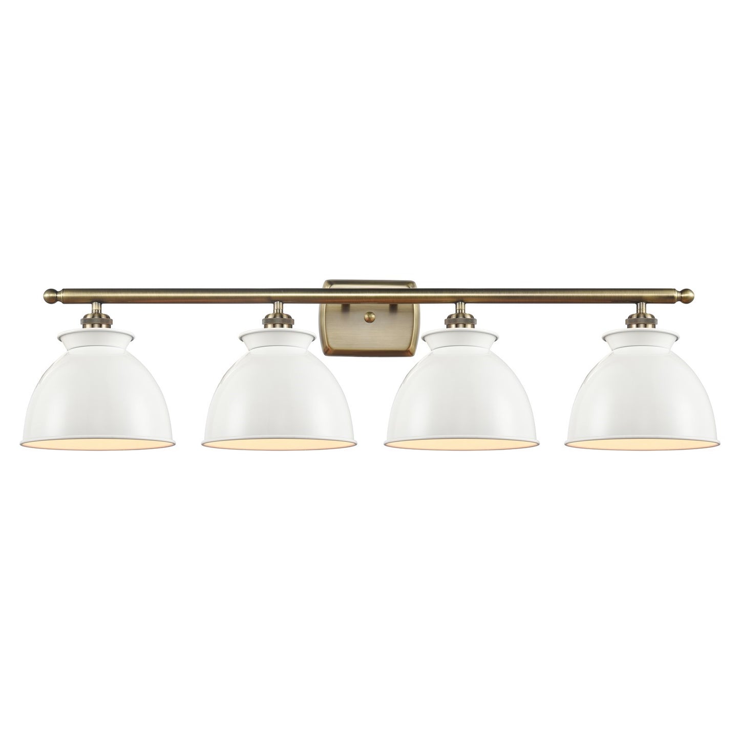 Innovations Adirondack 38in 4-Light Bath Vanity Light | Industrial Farmhouse Antique Brass and Glossy White Metal Shade | Model 516-4W-AB-M14-W-LED