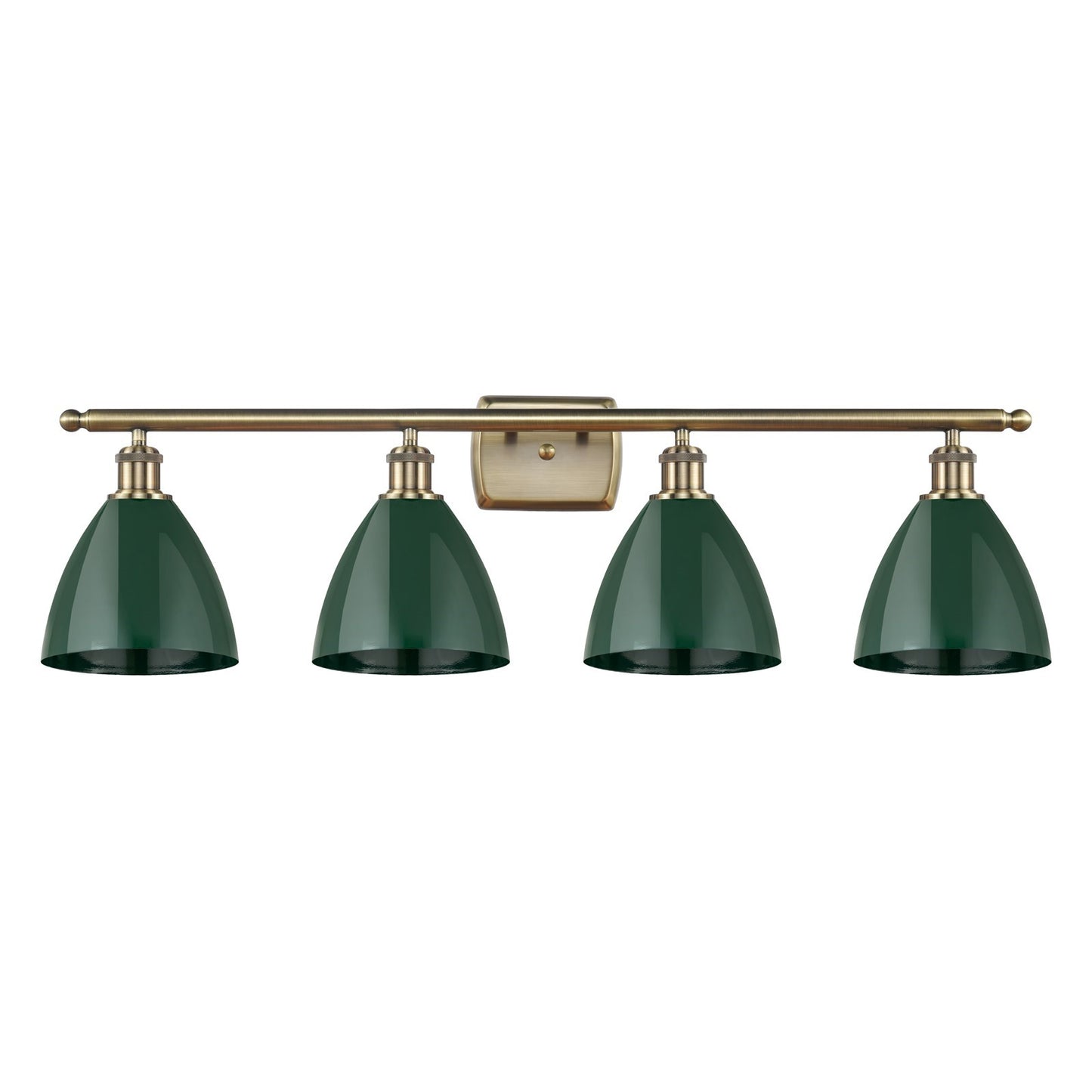 Innovations Plymouth 38in 4-Light Bath Vanity Light | Industrial Antique Brass and Matte Green Metal Shade | Bathroom | Model 516-4W-AB-MBD-75-GR-LED