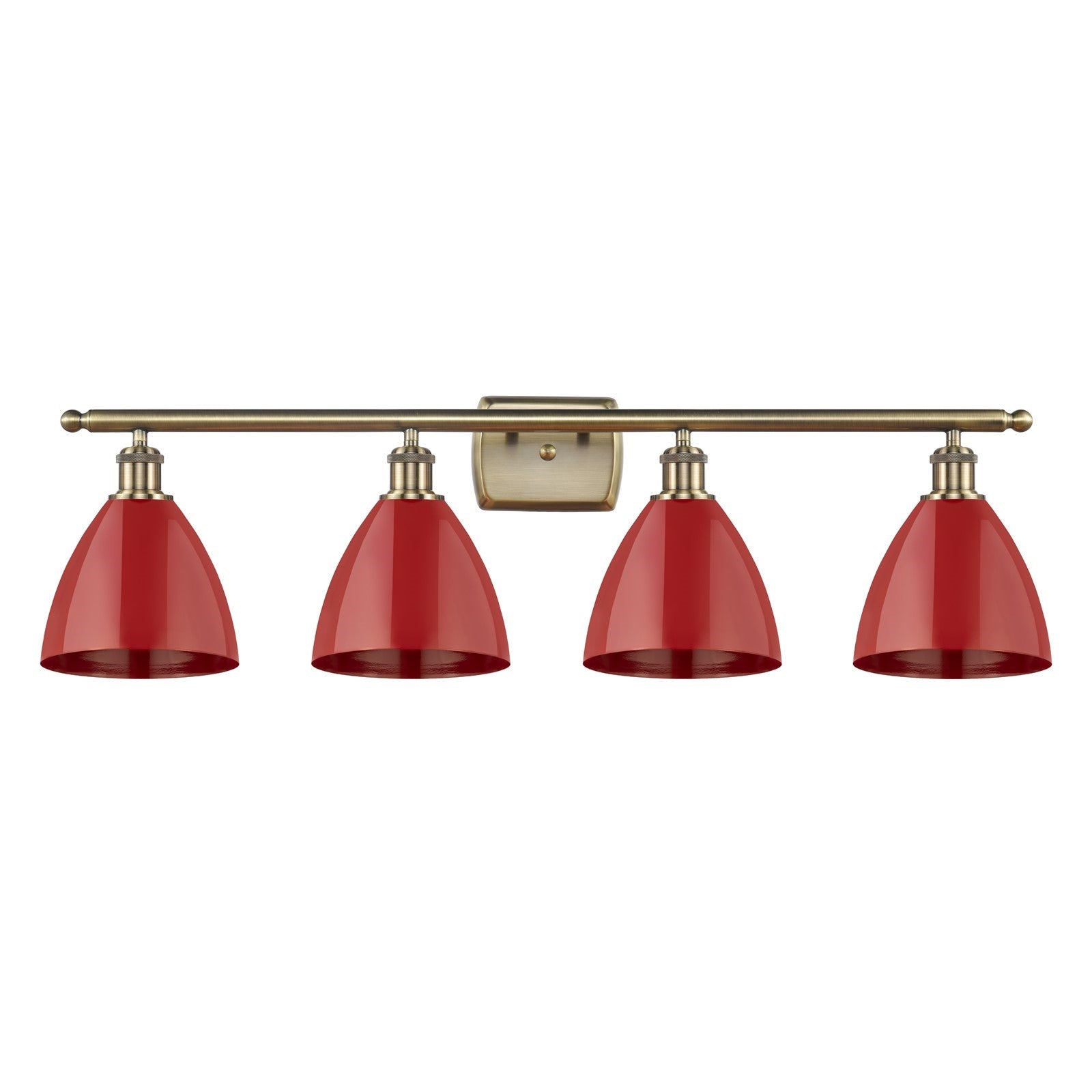 Innovations Plymouth 38in 4-Light Bath Vanity Light | Industrial Antique Brass Steel and Matte Red Metal Shade | Bathroom | Model 516-4W-AB-MBD-75-RD